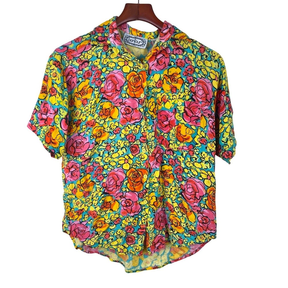 Vtg Womens Top Sz S Button Up Twee Maximalist Colorful Statement Artsy Floral